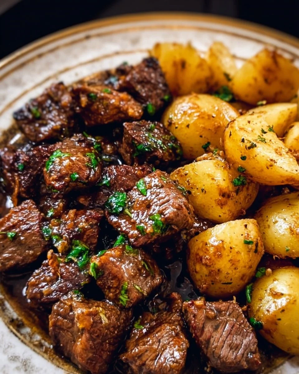 Garlic Butter Beef Bites served with tender potatoes in a delicious sauce.