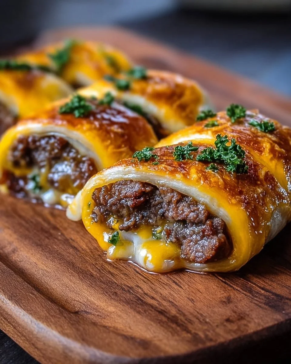 Garlic butter beef cheeseburger rollups served on a plate