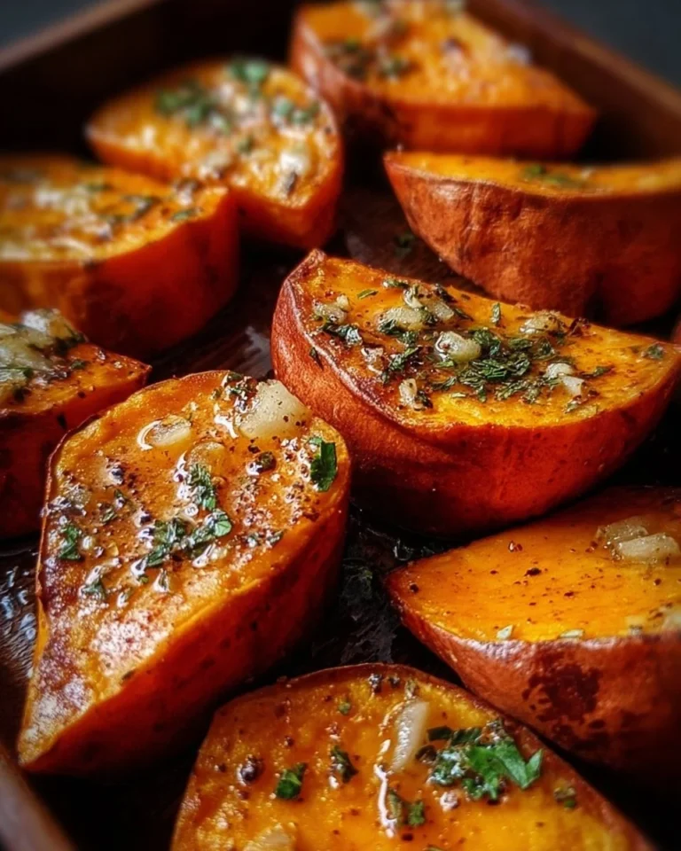 Garlic butter roasted sweet potatoes on a wooden platter