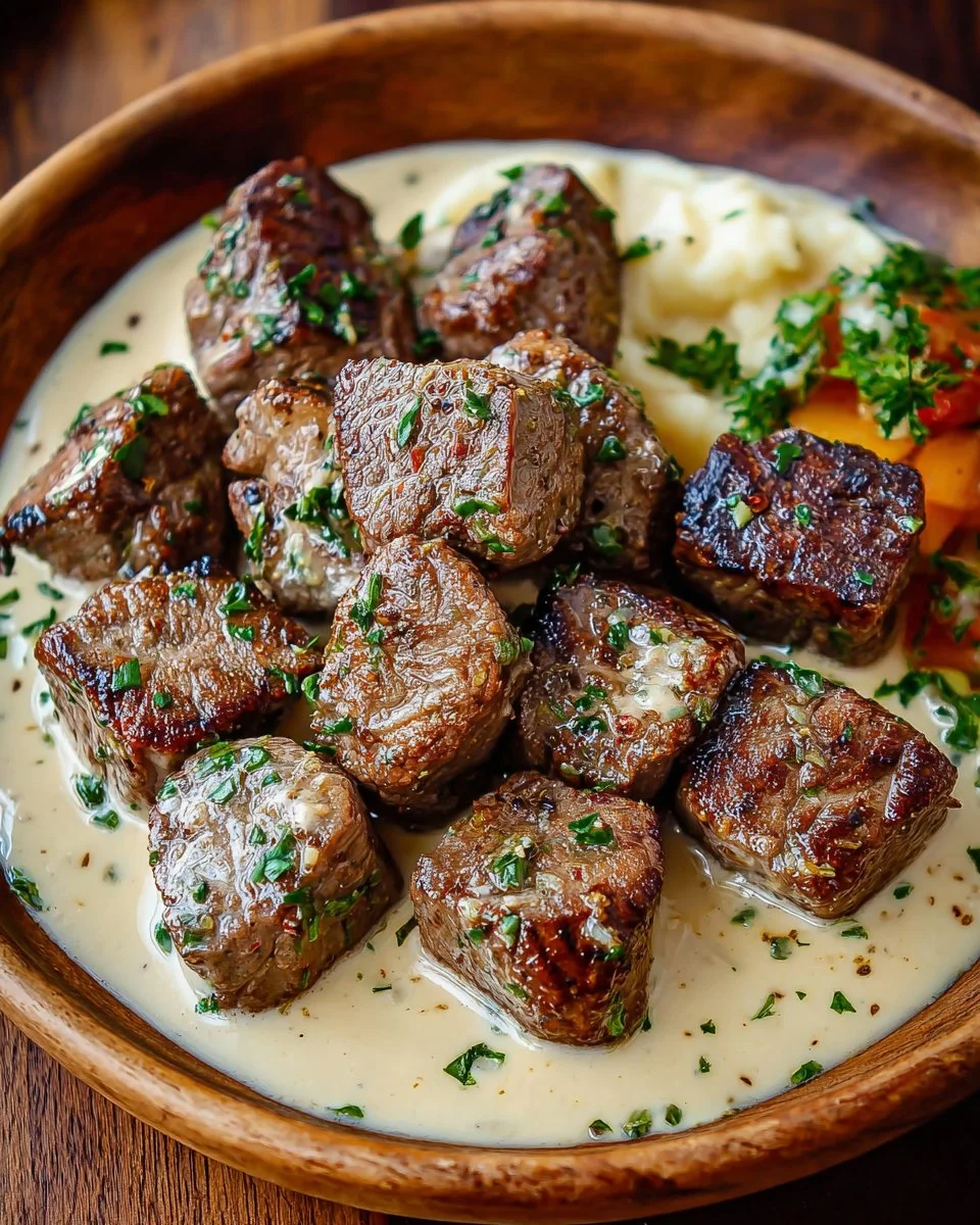 Garlic butter steak bites served with rich parmesan cream sauce.