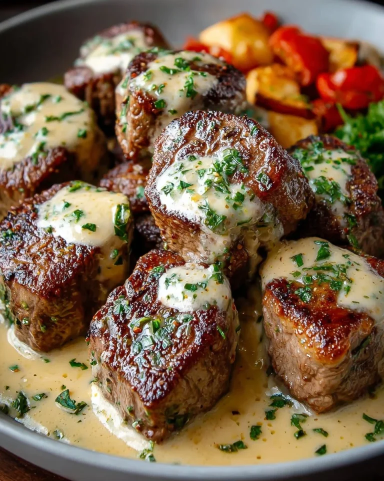 Garlic butter steak bites topped with creamy parmesan sauce on a plate