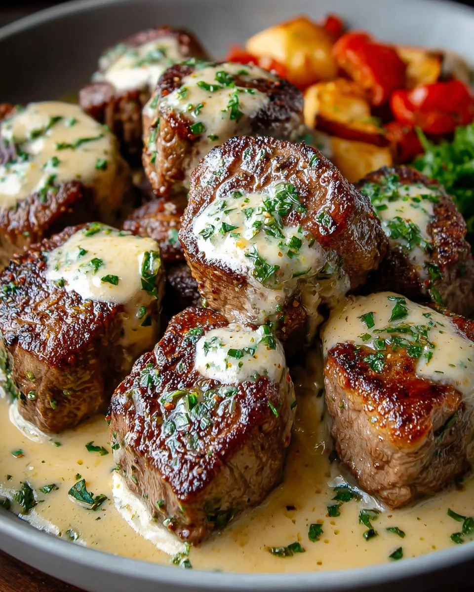 Garlic butter steak bites topped with creamy parmesan sauce on a plate