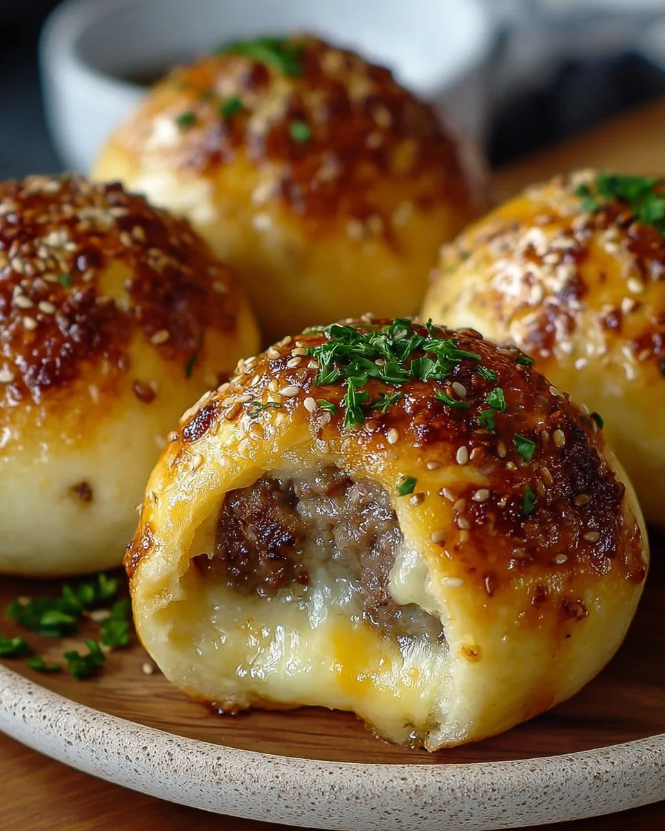 Garlic Parmesan Cheeseburger Bombs ready to eat, showcasing melted cheese and golden crust.