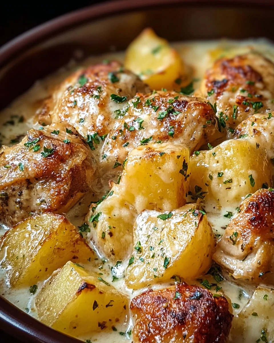 Garlic Parmesan Chicken and Potatoes cooked in a crockpot, served hot.