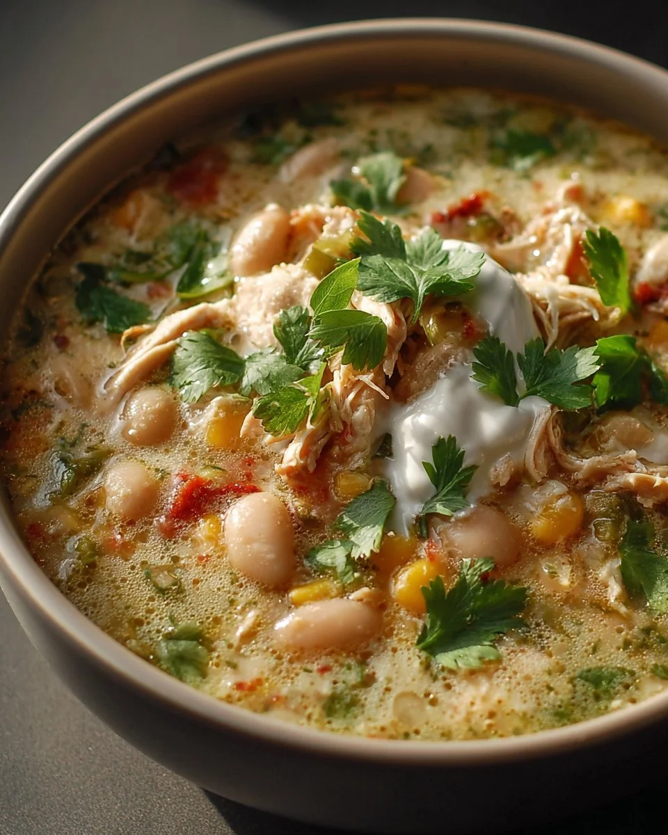 Bowl of Ghostly White Chicken Chili with a spooky presentation