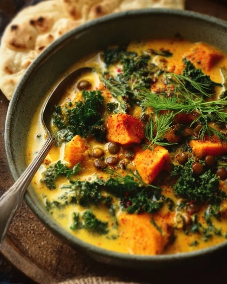 Bowl of Ginger Sweet Potato Stew with Lentils, Kale, and Coconut Milk