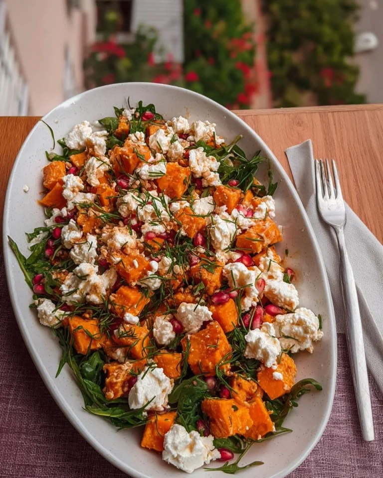 Goat cheese and sweet potato salad with greens and dressing on a plate