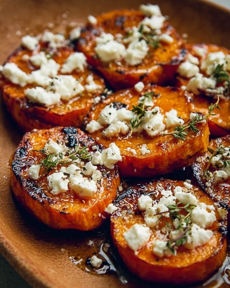 Gourmet honey feta sweet potato rounds garnished with herbs.