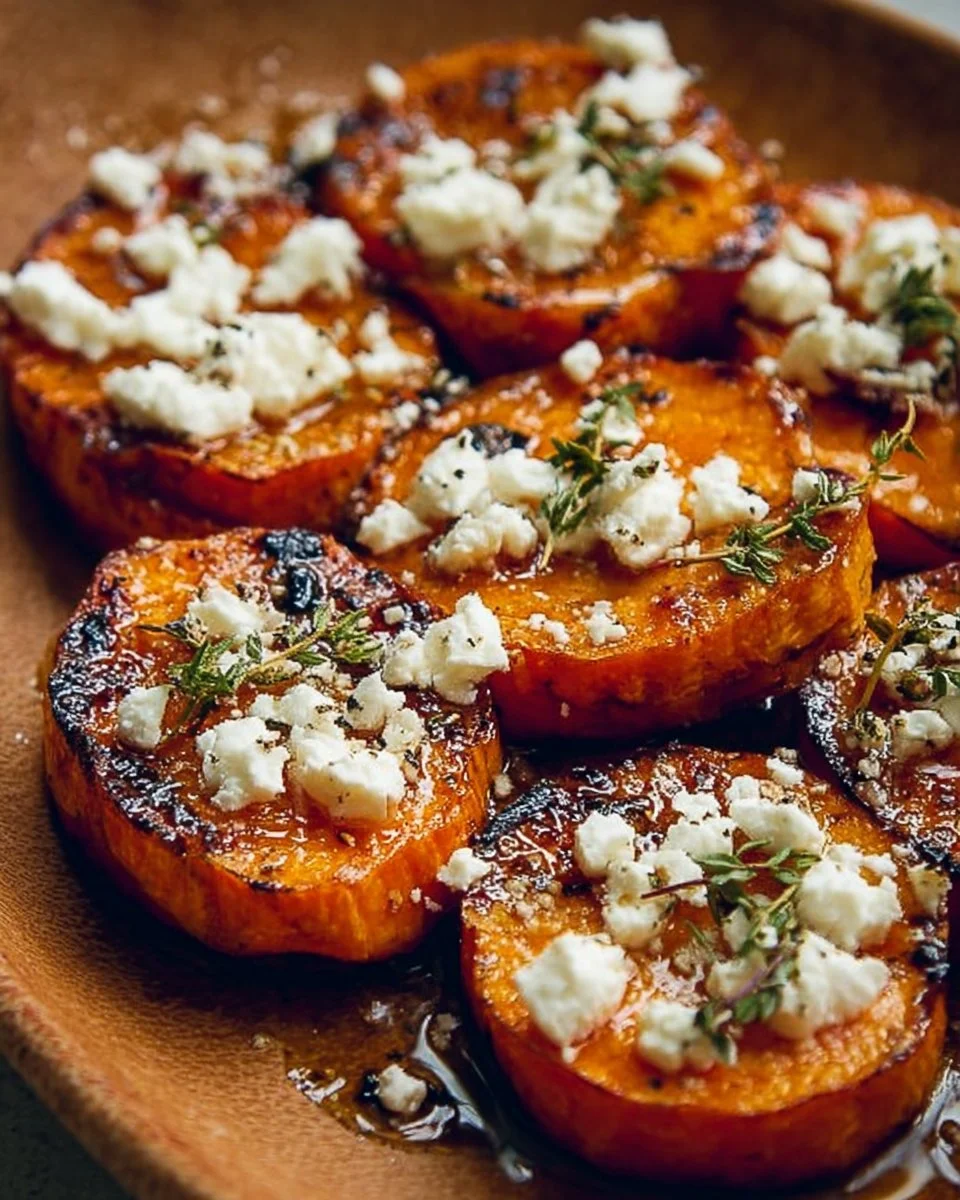 Gourmet honey feta sweet potato rounds garnished with herbs.