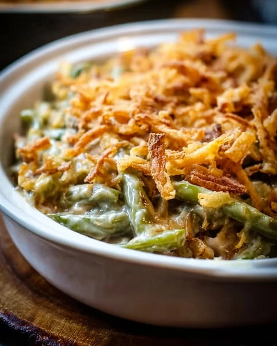 Homemade green bean casserole topped with crispy onions ready for serving