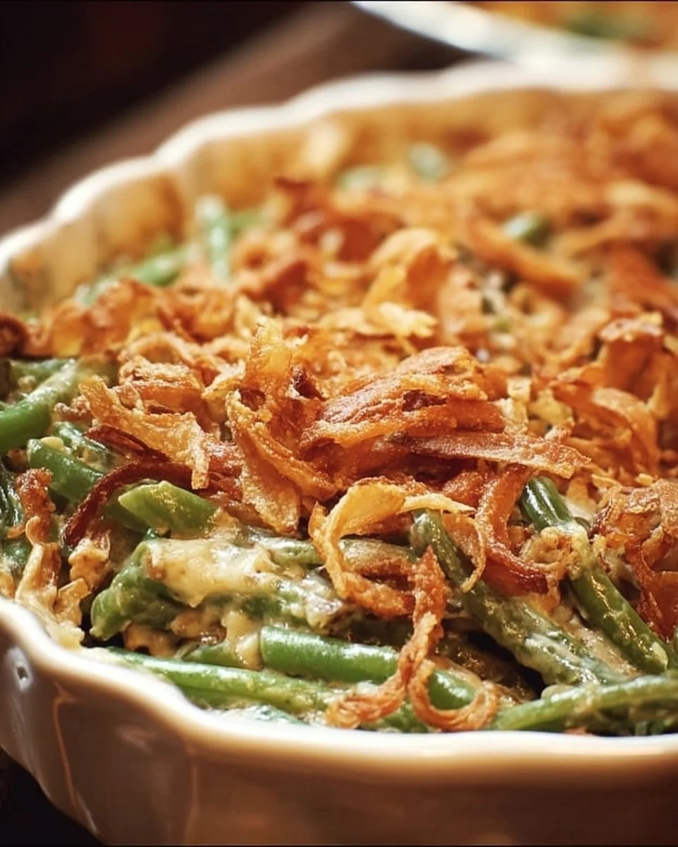 Delicious homemade green bean casserole served in a baking dish