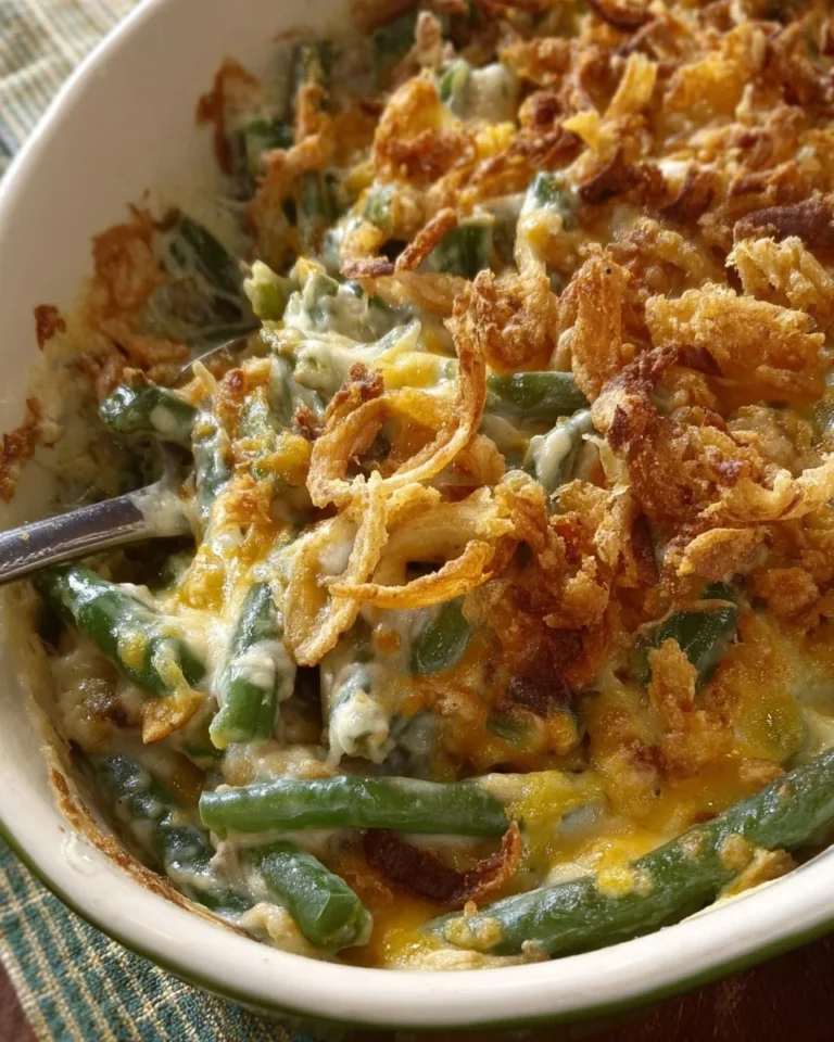 Delicious green bean casserole topped with crispy onions and served in a baking dish.