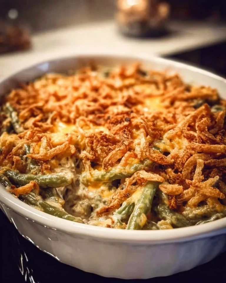 Delicious homemade green bean casserole with crispy topping