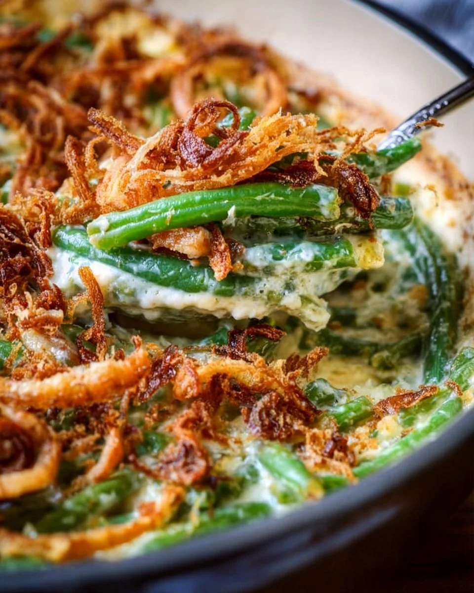 Homemade green bean casserole prepared from scratch with crispy toppings.