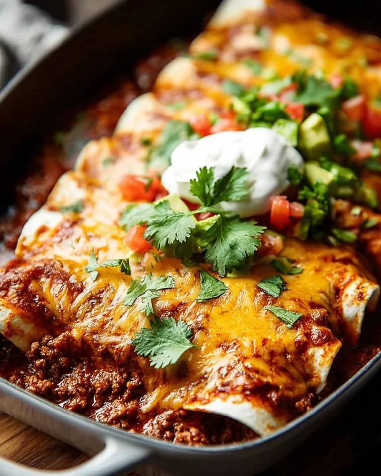 Delicious ground beef enchiladas served with toppings and garnishes