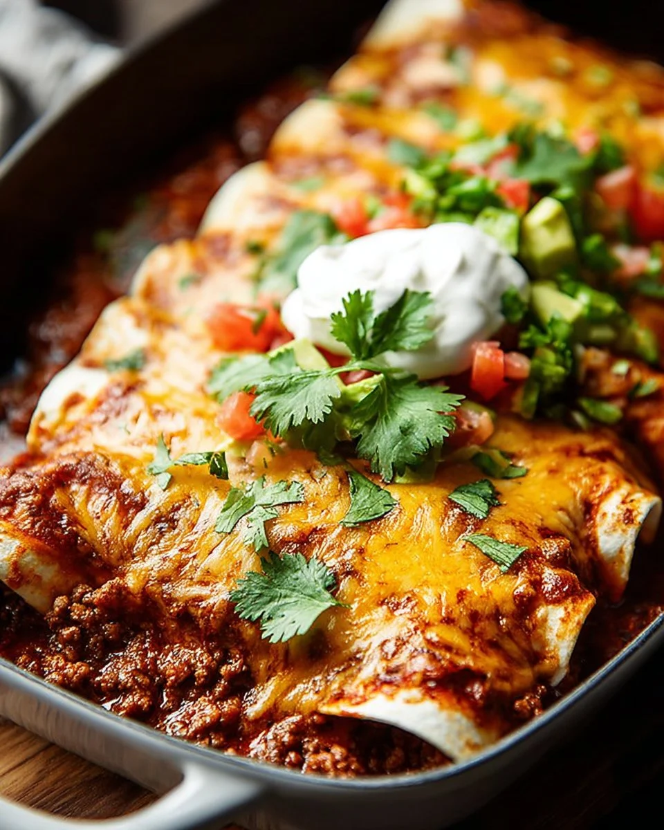 Delicious ground beef enchiladas served with toppings and garnishes
