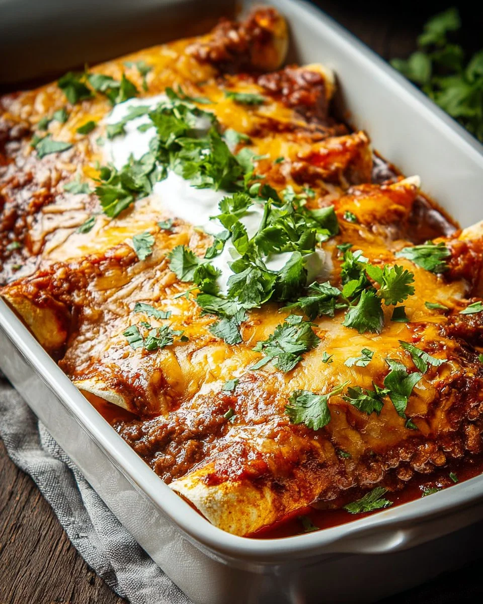Ground beef enchiladas topped with sauce and cheese, garnished with cilantro