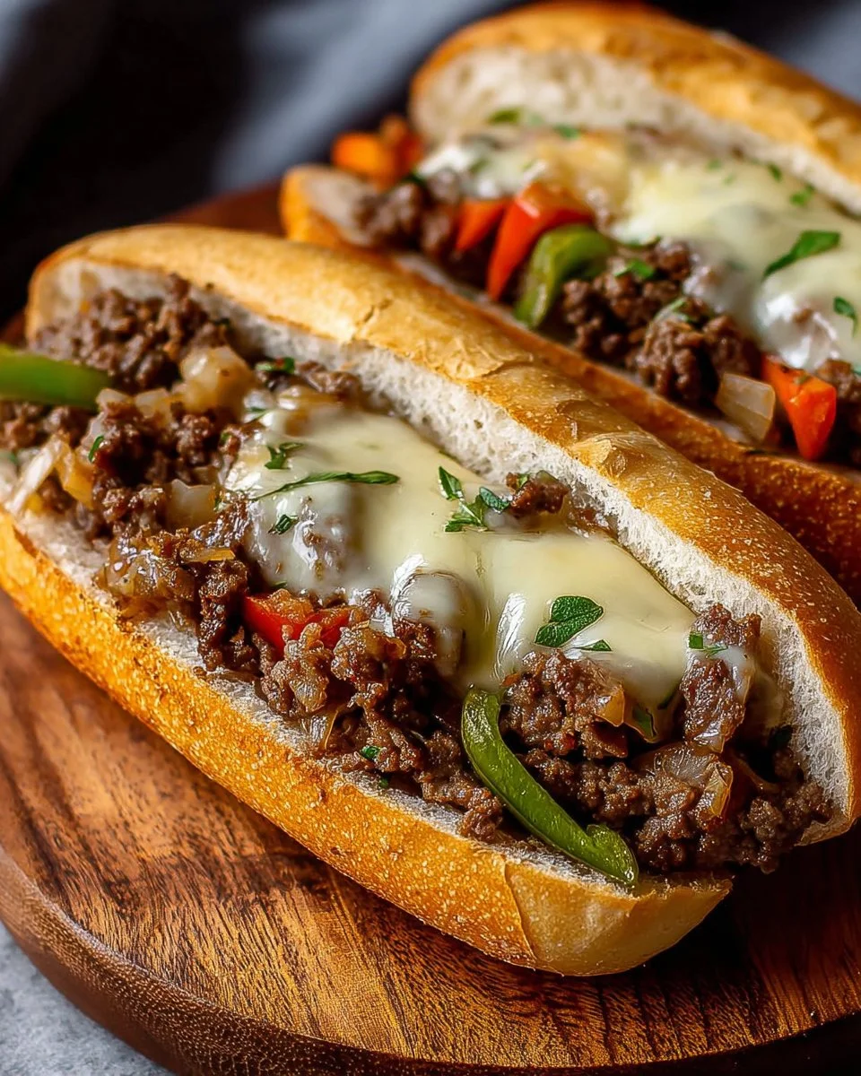 Delicious Ground Beef Philly Cheesesteaks served on a fresh roll with toppings.