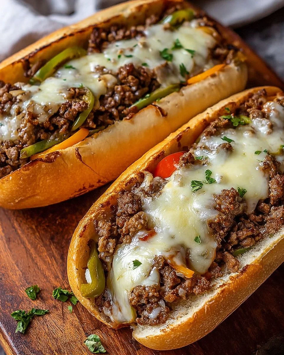 Delicious Ground Beef Philly Cheesesteak sandwich with melted cheese and peppers
