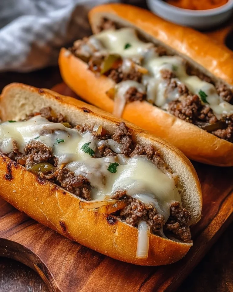 Delicious Ground Beef Philly Cheesesteaks served on a toasted bun with cheese