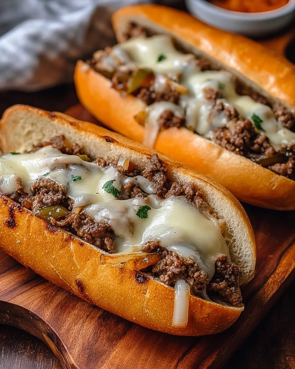 Delicious Ground Beef Philly Cheesesteaks served on a toasted bun with cheese