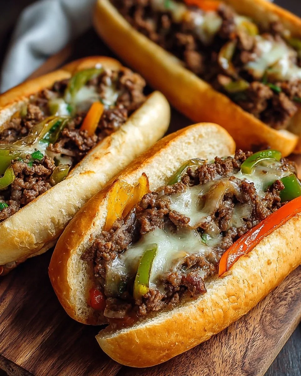 Delicious Ground Beef Philly Cheesesteaks served with melted cheese and toppings.