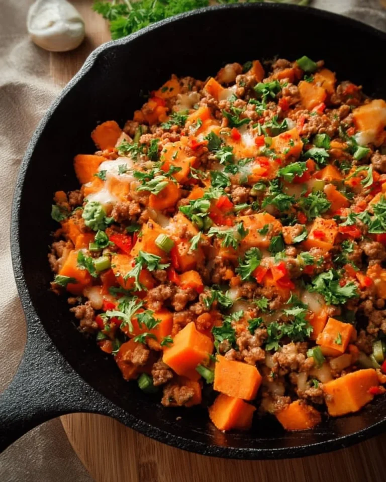 Ground turkey sweet potato skillet dish with colorful vegetables
