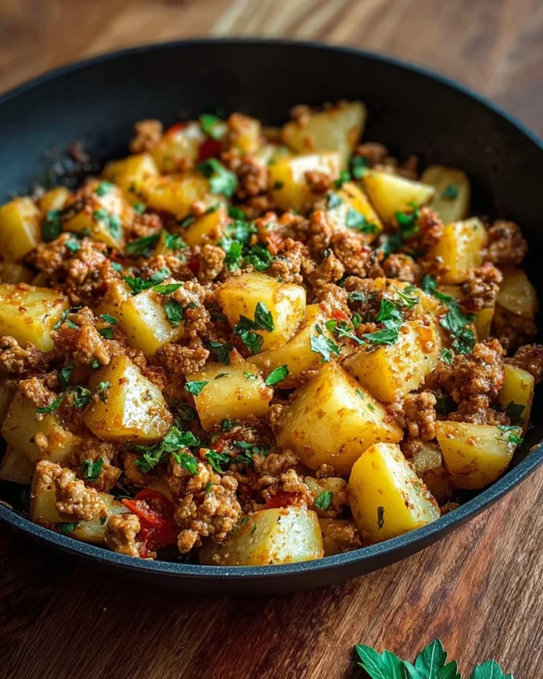 Hearty skillet dish of ground turkey with potatoes, a classic comfort food.