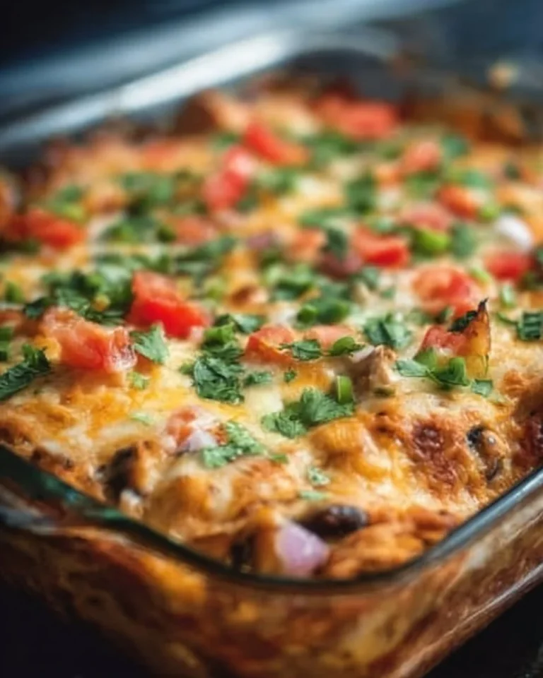 Healthy chicken burrito casserole topped with fresh ingredients