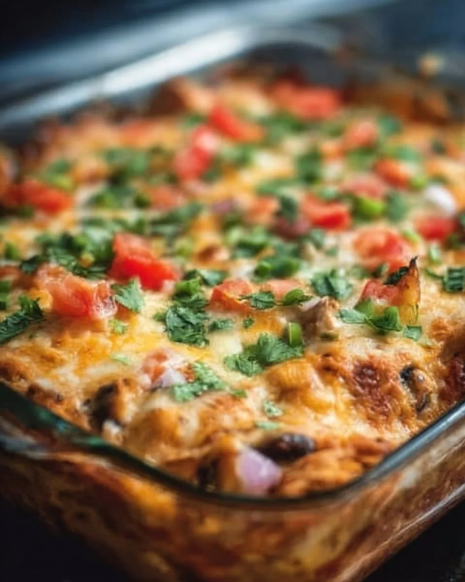 Healthy chicken burrito casserole topped with fresh ingredients