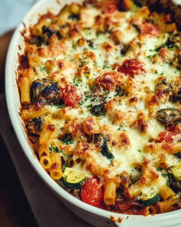 Healthy Mediterranean Vegetable Pasta Bake with colorful ingredients.