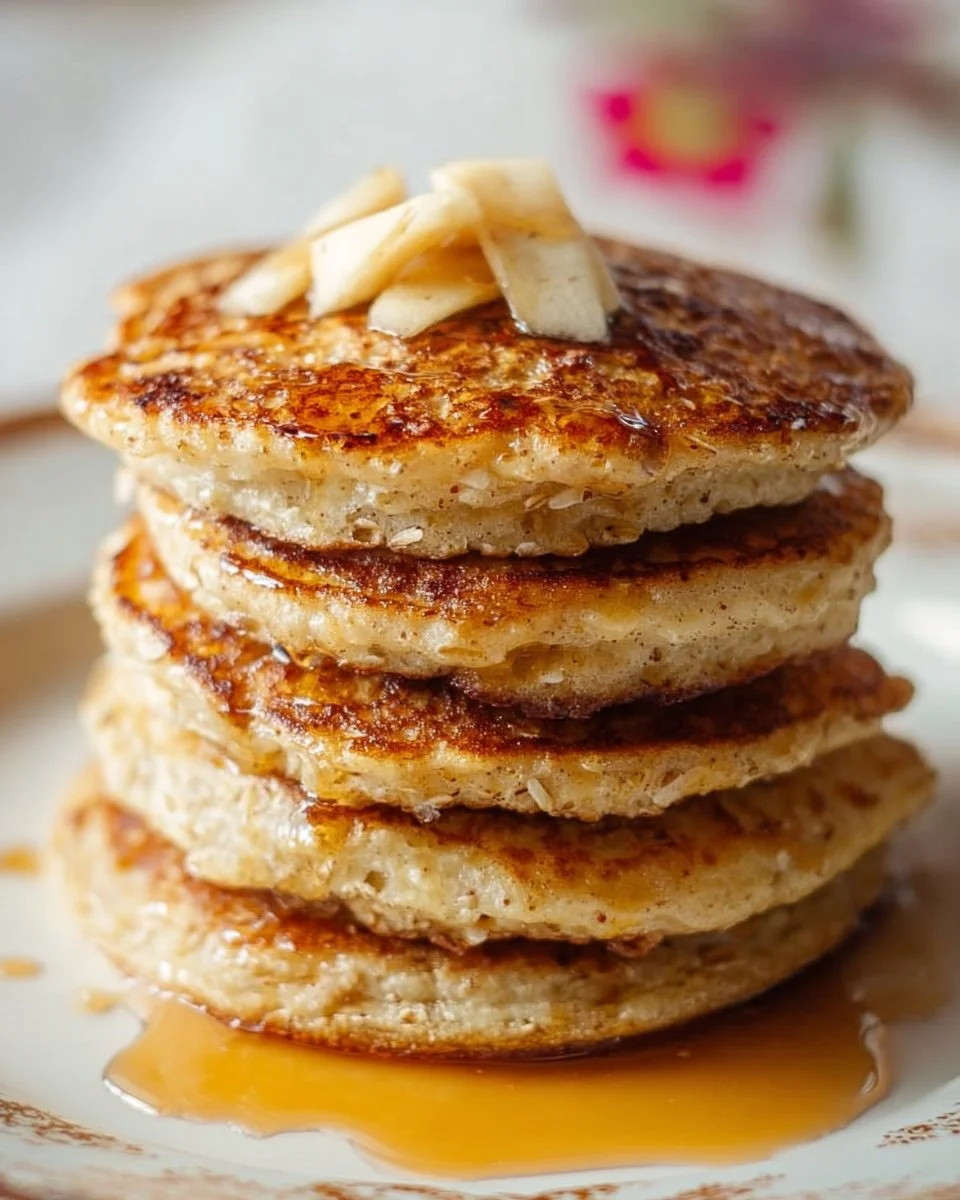 Healthy oatmeal apple pancakes stacked on a plate