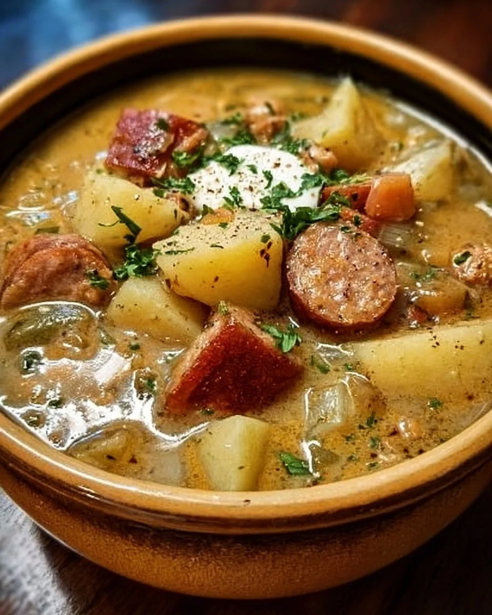Bowl of hearty one pot sausage potato soup with fresh herbs on top