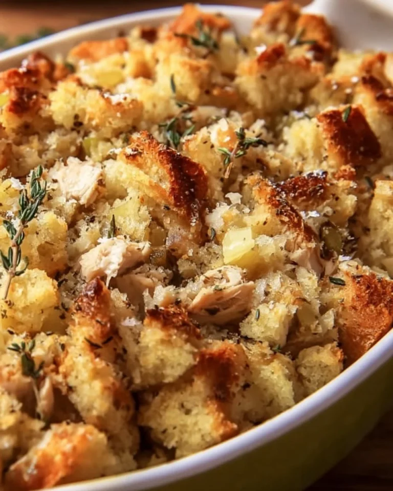 Hearty rotisserie chicken stuffing casserole with crispy topping