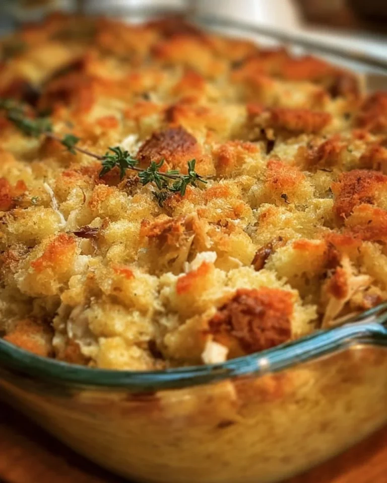Hearty rotisserie chicken stuffing casserole served in a baking dish