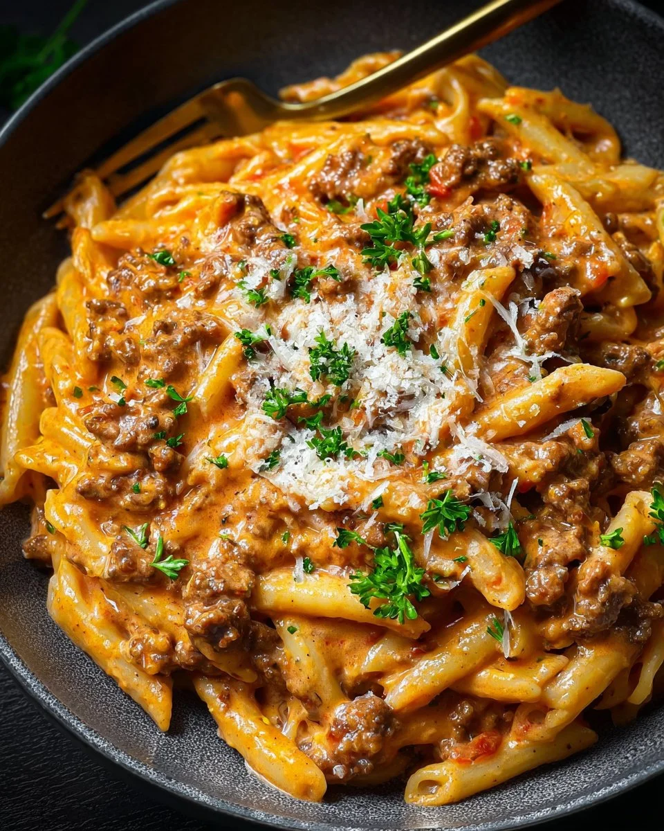 High protein creamy beef pasta dish served in a bowl for a quick dinner