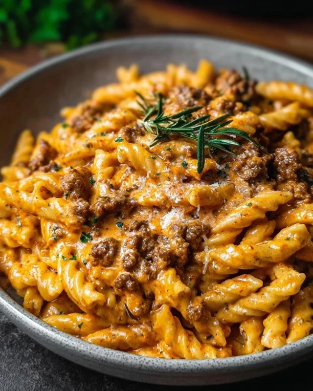 High protein creamy beef pasta dish for quick weeknight meals