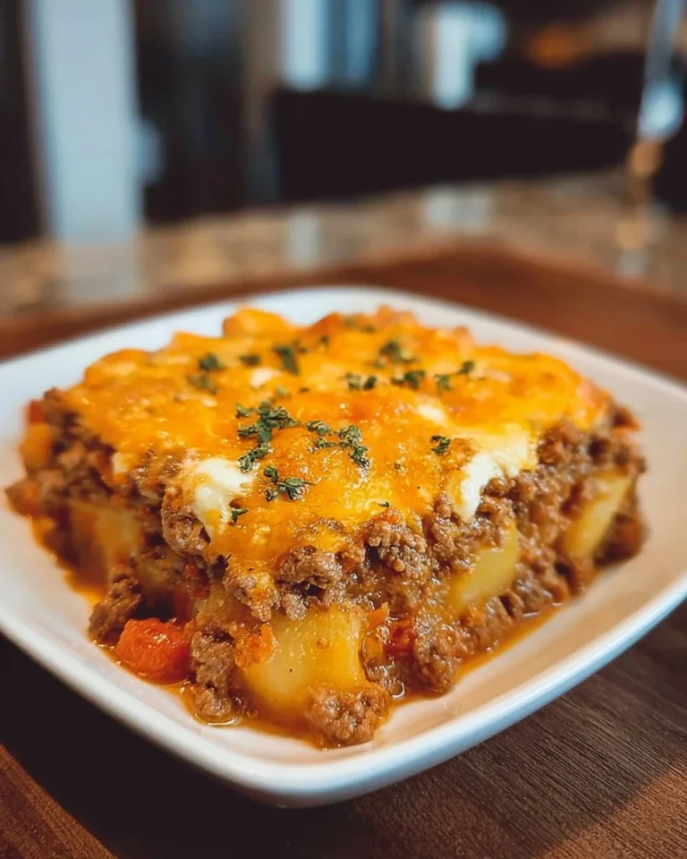 Baked Hobo Casserole with ground beef, potatoes, and vegetables