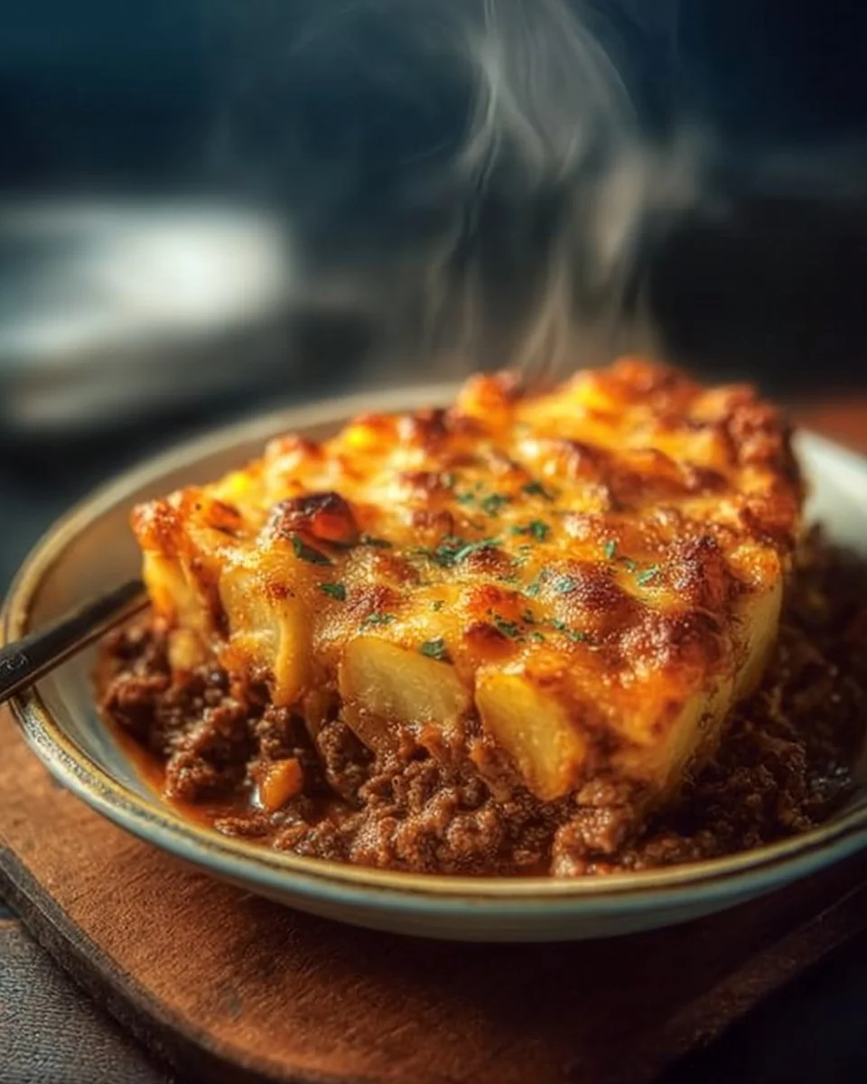 Delicious hobo casserole served in a cast-iron skillet, featuring meat and vegetables.