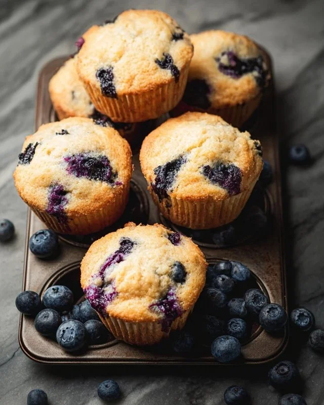 Homemade blueberry protein muffins with fresh blueberries