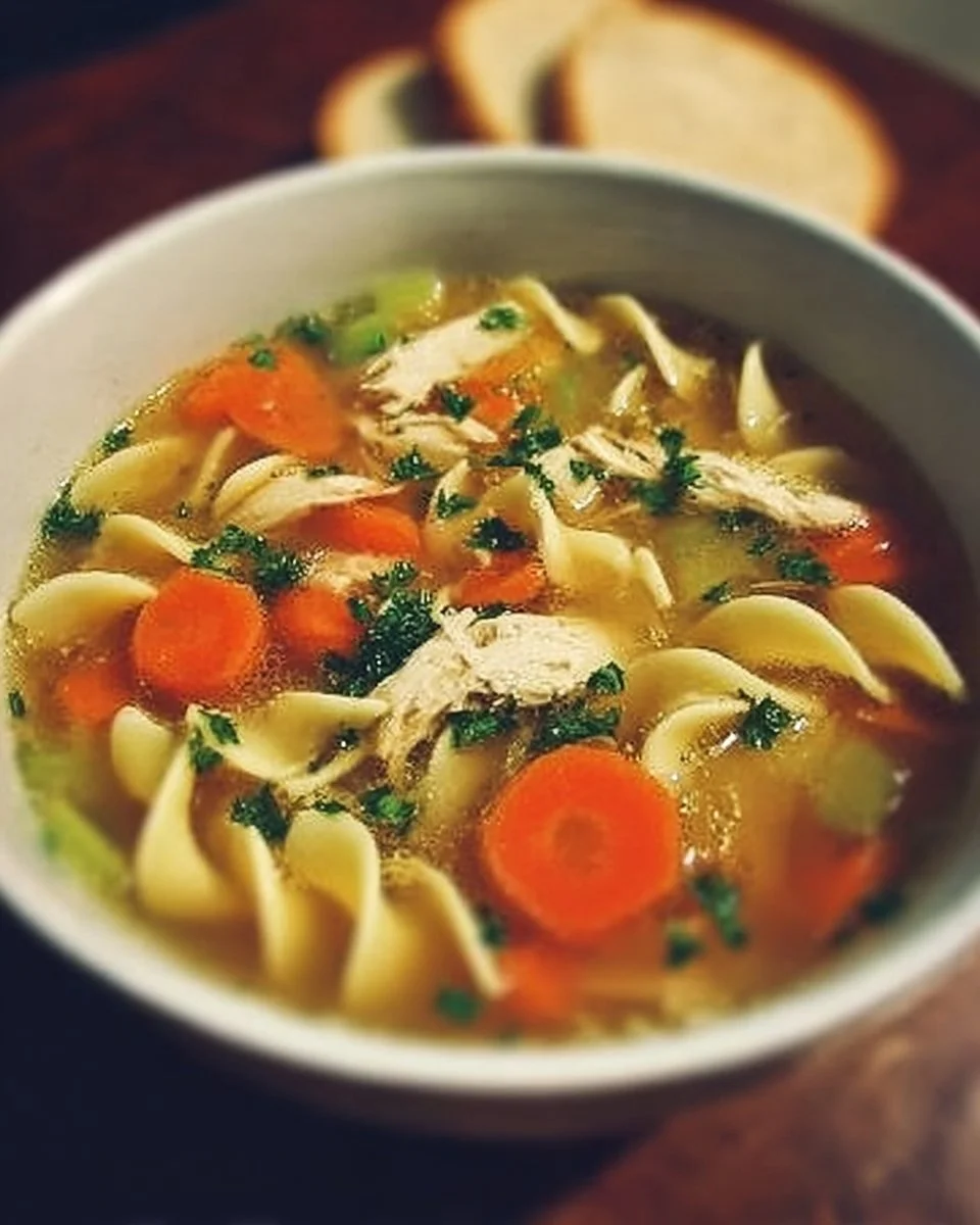 Bowl of homemade chicken noodle soup with fresh vegetables and herbs
