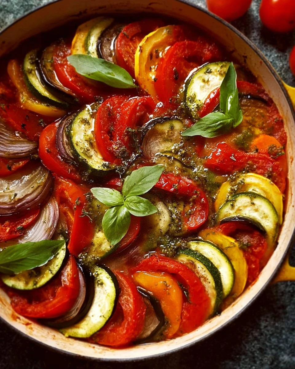Homemade classic French Ratatouille with fresh vegetables in a vibrant dish