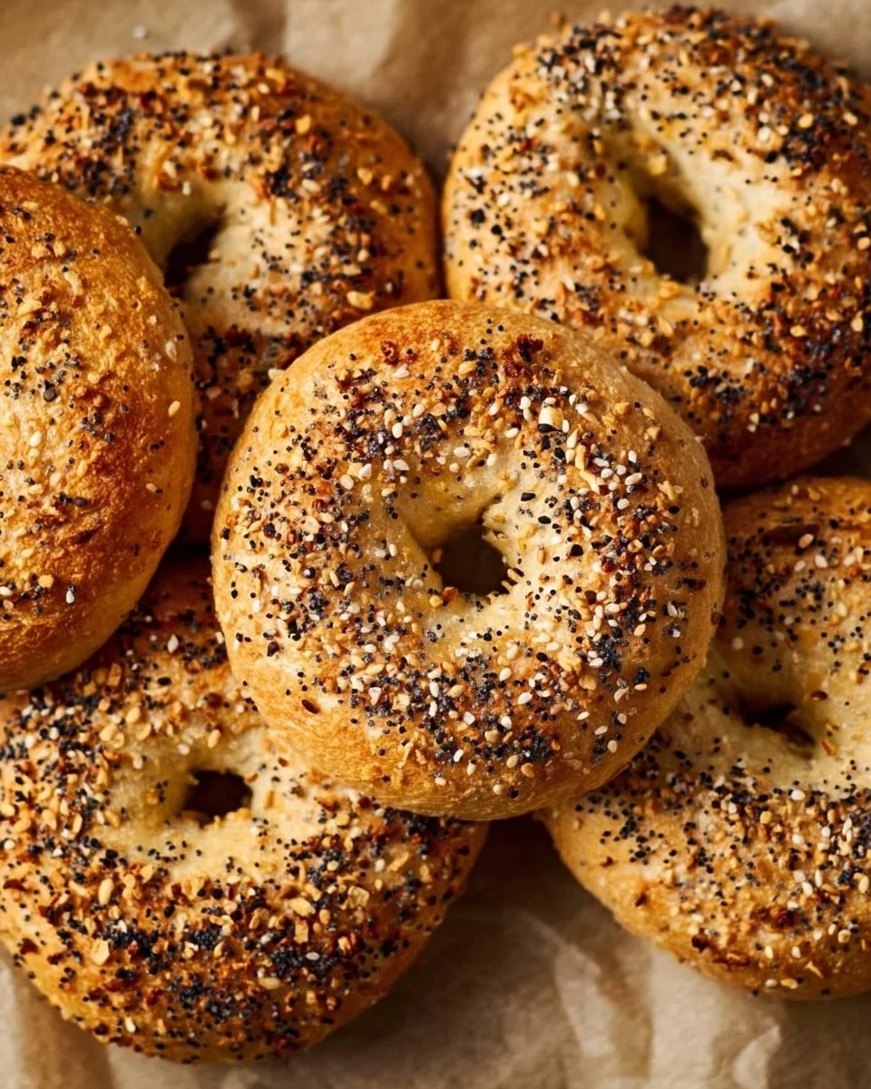 Homemade everything bagels fresh out of the oven, topped with seeds and spices.