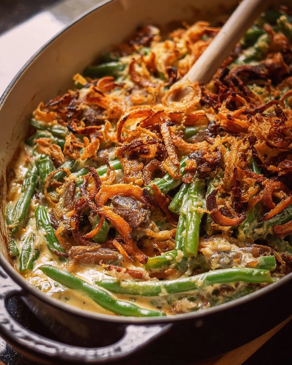 Homemade green bean casserole with crispy onions and creamy sauce