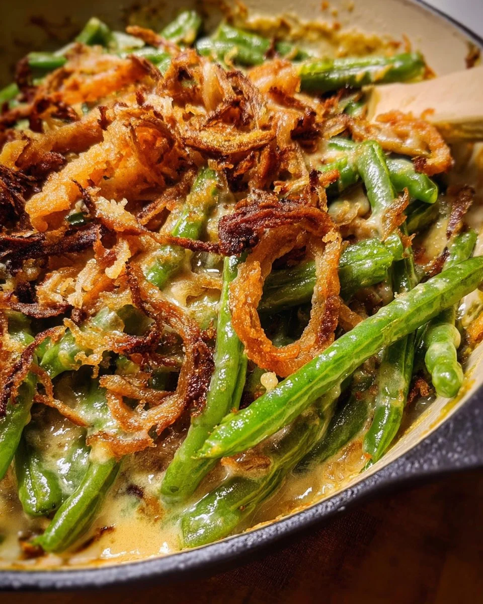 Delicious homemade green bean casserole in a serving dish