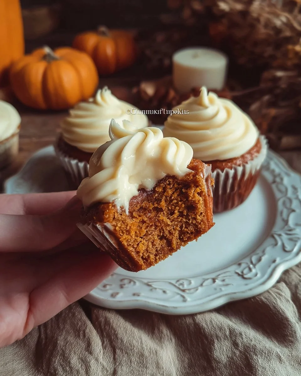 Homemade pumpkin cupcakes with cream cheese frosting, perfect for autumn treats