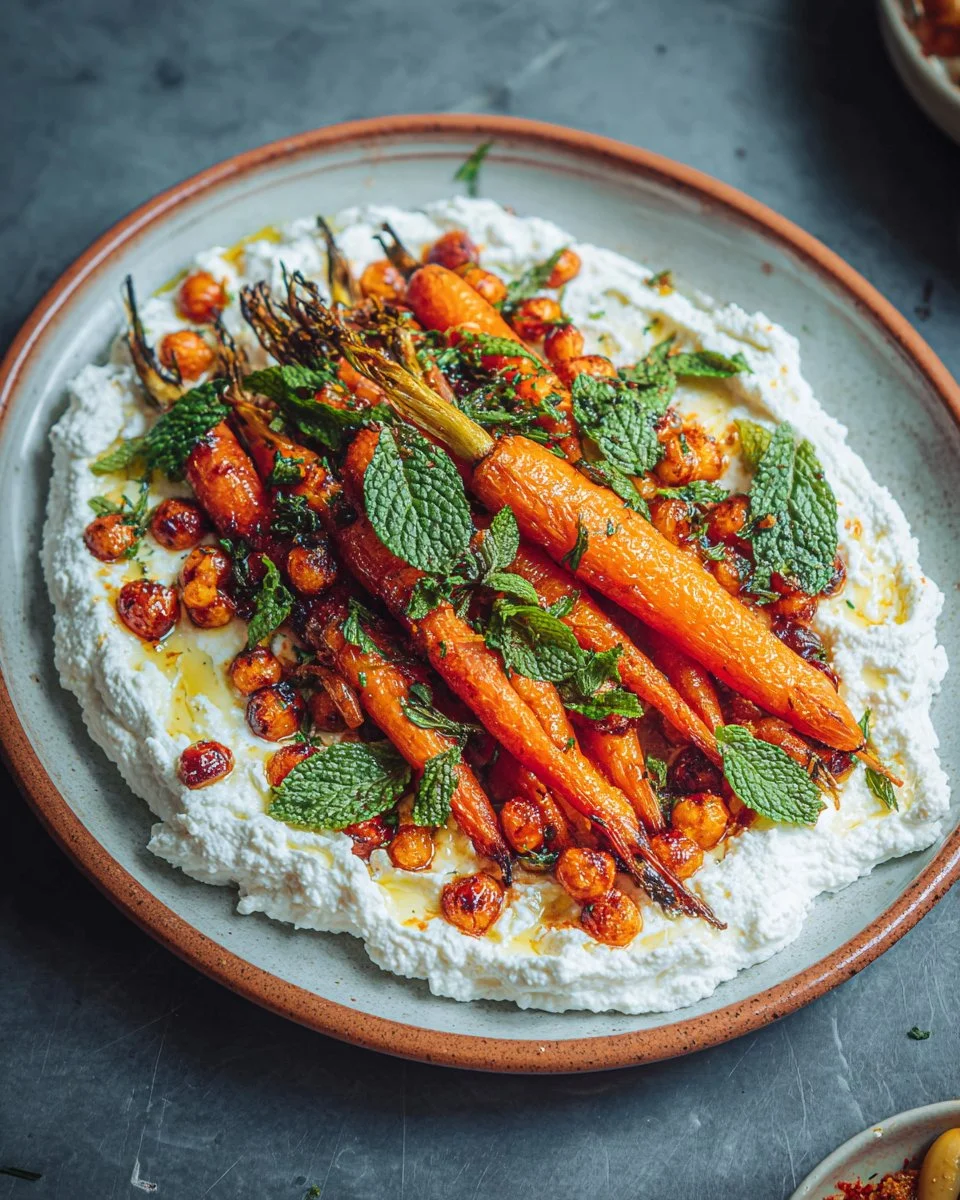 Honey Harissa Carrots served with whipped feta on a white plate