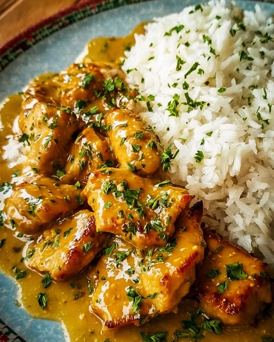 Delicious Honey Mustard Chicken served over fluffy rice