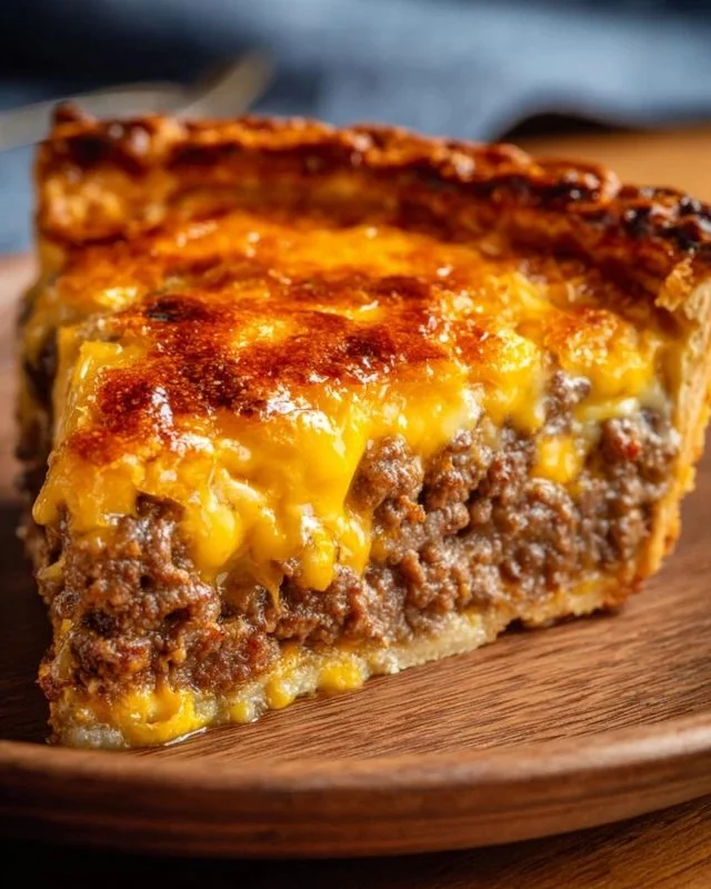 Delicious homemade cheeseburger pie served with toppings