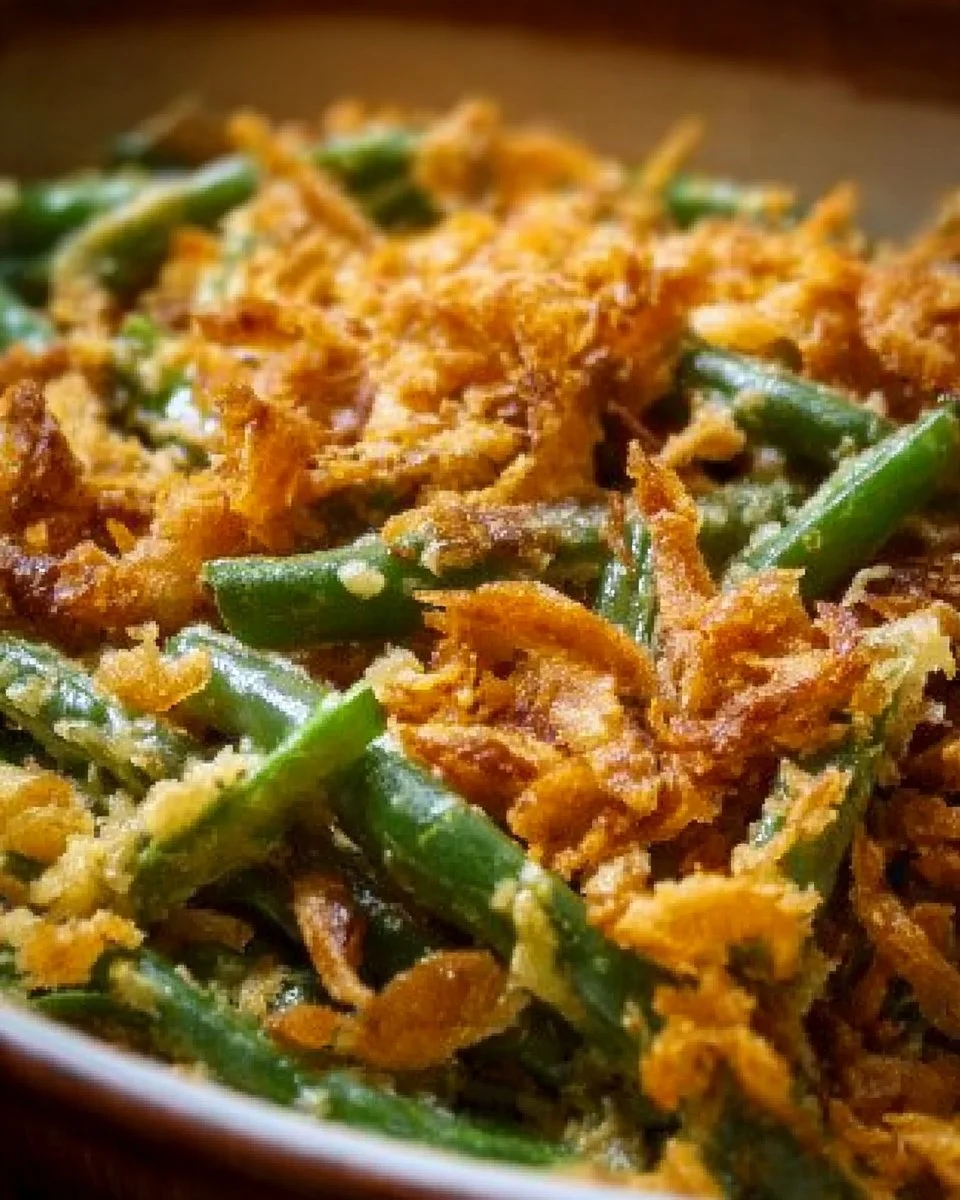 Delicious Ina Garten green bean casserole served in a festive dish.